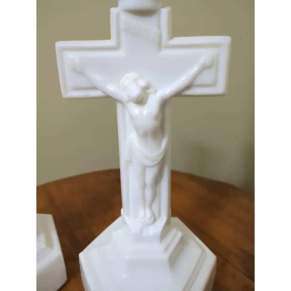 Rare Cambridge #3 Opal Crucifix Candlesticks.